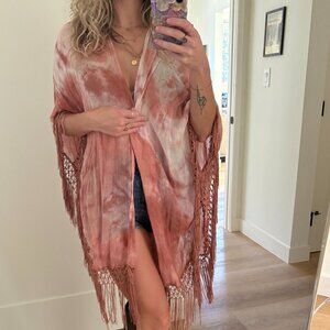 Vintage Fringed Tie Dye Kimono Coral Caramel One Size